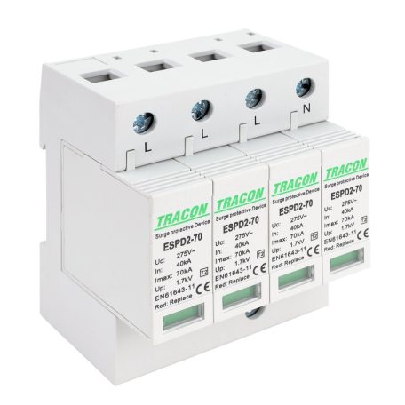 Tracon Uc:275V; In:40kA; Imax:70kA; Up:1,7kV; 4P ESPD2-70-4P T2 AC típusú túlfeszültség levezető, cserélhető betéttel 5997374222655