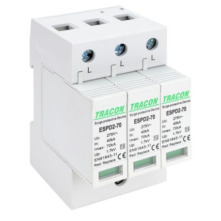 Tracon Uc:275V; In:40kA; Imax:70kA; Up:1,7kV; 3P ESPD2-70-3P T2 AC típusú túlfeszültség levezető, cserélhető betéttel 5997374222648