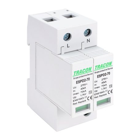 Tracon Uc:275V; In:40kA; Imax:70kA; Up:1,7kV; 2P ESPD2-70-2P T2 AC típusú túlfeszültség levezető, cserélhető betéttel 5997374222624