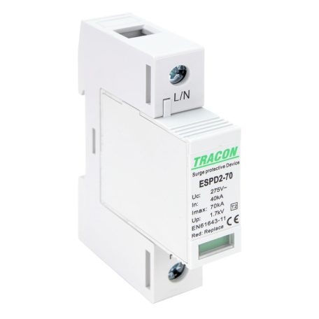 Tracon Uc:275V; In:40kA; Imax:70kA; Up:1,7kV; 1P ESPD2-70-1P T2 AC típusú túlfeszültség levezető, cserélhető betéttel 5997374222617