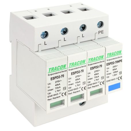 Tracon Uc:275/255V; In:40kA; Imax:70kA; Up:1,7/1,5kV; 3+1P ESPD2-70-3+1P T2 AC típusú túlfeszültség levezető, cserélhető betéttel 5997374222631