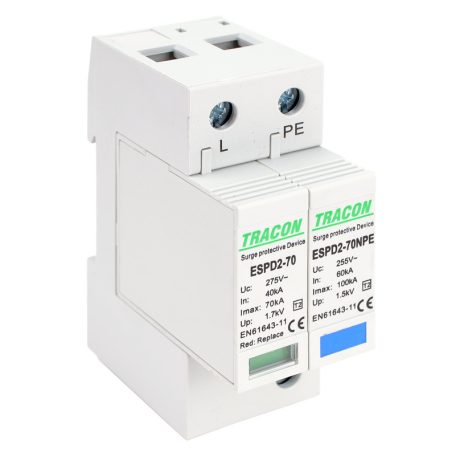 Tracon Uc:275/255V; In:40kA; Imax:70kA; Up:1,7/1,5kV; 1+1P ESPD2-70-1+1P T2 AC típusú túlfeszültség levezető, cserélhető betéttel 5997374222600