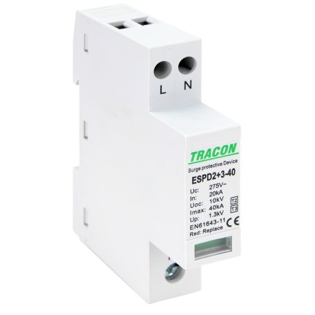 Tracon Uc:275V; In:20kA; Imax40kA; Uoc:10kV; Up:1,3kV; 2P ESPD2+3-40-2P T2+T3 AC típusú túlfeszültséglevezető, egybeépített 5997374222495