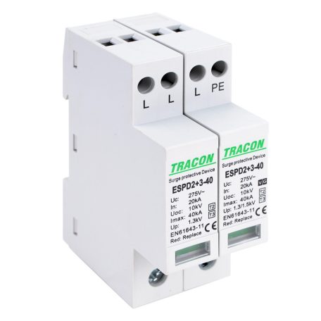 Tracon Uc:275V; In:20kA; Imax40kA; Uoc:10kV; Up:1,3/1,5kV; 3+1P ESPD2+3-40-3+1P T2+T3 AC típusú túlfeszültséglevezető, egybeépített 5997374222501