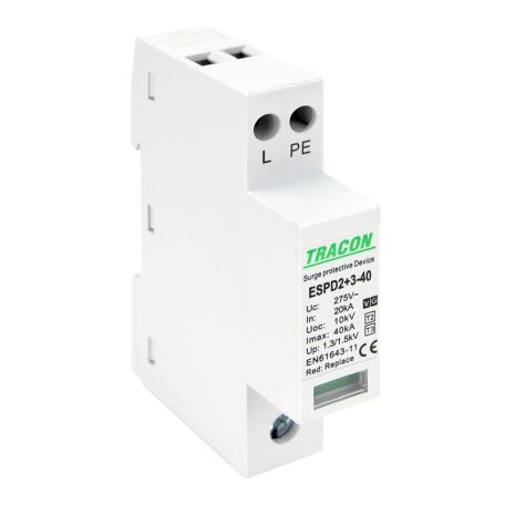 Tracon Uc:275V; In:20kA; Imax40kA; Uoc:10kV; Up:1,3/1,5kV; 1+1P ESPD2+3-40-1+1P T2+T3 AC típusú túlfeszültséglevezető, egybeépített 5997374222488