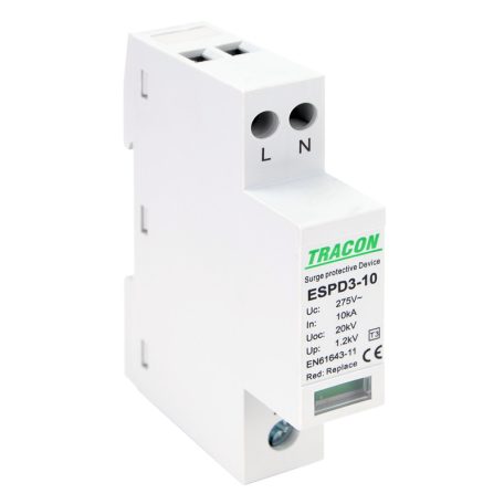 Tracon Uc:275V; In:10kA; Uoc:20kV; Up:1,2kV; 2P ESPD3-10-2P T3 AC típusú túlfeszültség levezető, egybeépített 5997374222754
