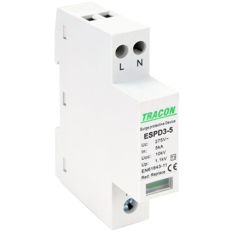 Tracon Uc:275V; In:5kA; Uoc:10kV; Up:1,2kV; 2P ESPD3-5-2P T3 AC típusú túlfeszültség levezető, egybeépített 5997374222785