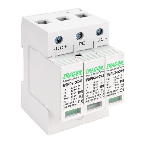 Tracon Ucpv: 800V; In:20kA; Imax:40kA; Up:2,6kV ESPD2-DC40-600 T2 DC típusú túlfeszültség levezető, cserélhető betéttel 5997374222716
