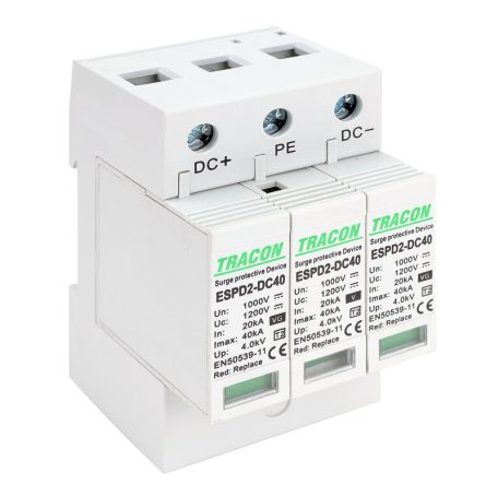 Tracon Ucpv: 1200V; In:20kA; Imax:40kA; Up:4kV ESPD2-DC40-1000 T2 DC típusú túlfeszültség levezető, cserélhető betéttel 5997374222686