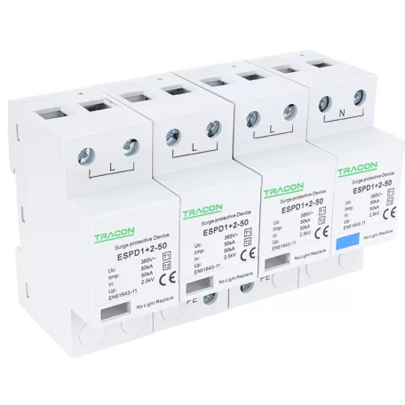 Tracon Uc:385V; Iimp:50kA; In:50kA; Imax:160kA; Up:2,5kV; 4P ESPD1+2-50-4P T1+T2 AC típusú túlfeszültséglevezető, egybeépített 5997374222457