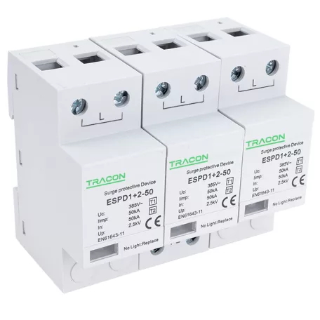 Tracon Uc:385V; Iimp:50kA; In:50kA; Imax:160kA; Up:2,5kV; 3P ESPD1+2-50-3P T1+T2 AC típusú túlfeszültséglevezető, egybeépített 5997374222440