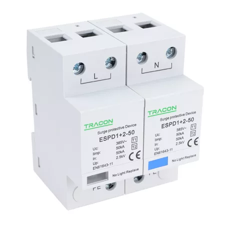 Tracon Uc:385V; Iimp:50kA; In:50kA; Imax:160kA; Up:2,5kV; 2P ESPD1+2-50-2P T1+T2 AC típusú túlfeszültséglevezető, egybeépített 5997374222426