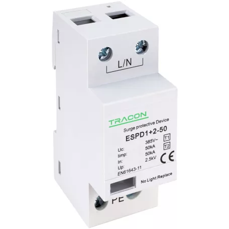 Tracon Uc:385V; Iimp:50kA; In:50kA; Imax:160kA; Up:2,5kV; 1P ESPD1+2-50-1P T1+T2 AC típusú túlfeszültséglevezető, egybeépített 5997374222419