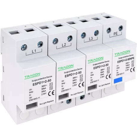 Tracon Uc:385V; Iimp:50/100kA; In:50/100kA; Up:2,5kV; 3+1P ESPD1+2-50-3+1P T1+T2 AC típusú túlfeszültséglevezető, egybeépített 5997374222433