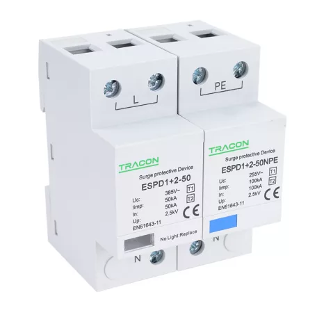 Tracon Uc:385V; Iimp:50/100kA; In:50/100kA; Up:2,5kV; 1+1P ESPD1+2-50-1+1P T1+T2 AC típusú túlfeszültséglevezető, egybeépített 5997374222402