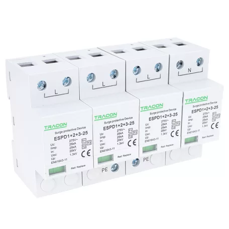 Tracon Uc:275V; Iimp:25kA; In:25kA; Uoc:20kV; Up:1,3kV; 4P ESPD1+2+3-25-4P T1+T2+T3 AC típusú túlfeszültség levezető, egybeépített 5997374222310