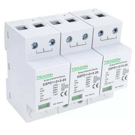 Tracon Uc:275V; Iimp:25kA; In:25kA; Uoc:20kV; Up:1,3kV; 3P ESPD1+2+3-25-3P T1+T2+T3 AC típusú túlfeszültség levezető, egybeépített 5997374222303