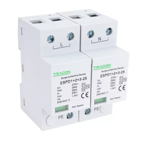 Tracon Uc:275V; Iimp:25kA; In:25kA; Uoc:20kV; Up:1,3kV; 2P ESPD1+2+3-25-2P T1+T2+T3 AC típusú túlfeszültség levezető, egybeépített 5997374222280