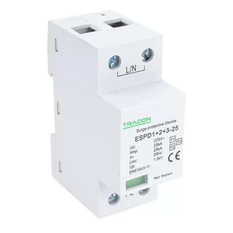 Tracon Uc:275V; Iimp:25kA; In:25kA; Uoc:20kV; Up:1,3kV; 1P ESPD1+2+3-25-1P T1+T2+T3 AC típusú túlfeszültség levezető, egybeépített 5997374222273