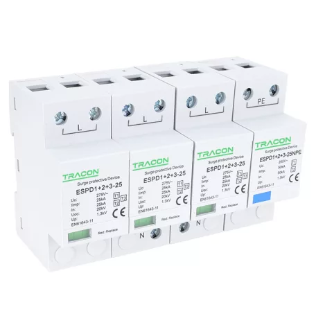 Tracon Uc:275V; Iimp:25/100kA; In:25/100kA; Uoc:20kV; Up:1,3kV; 1+3 ESPD1+2+3-25-3+1P T1+T2+T3 AC típusú túlfeszültség levezető, egybeépített 5997374222297