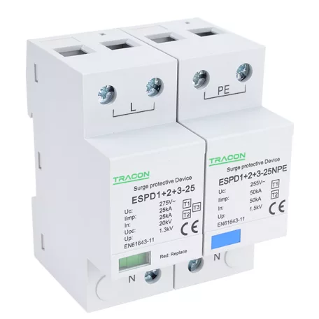 Tracon Uc:275V; Iimp:25/100kA; In:25/100kA; Uoc:20kV; Up:1,3kV; 1+1 ESPD1+2+3-25-1+1P T1+T2+T3 AC típusú túlfeszültség levezető, egybeépített 5997374222266