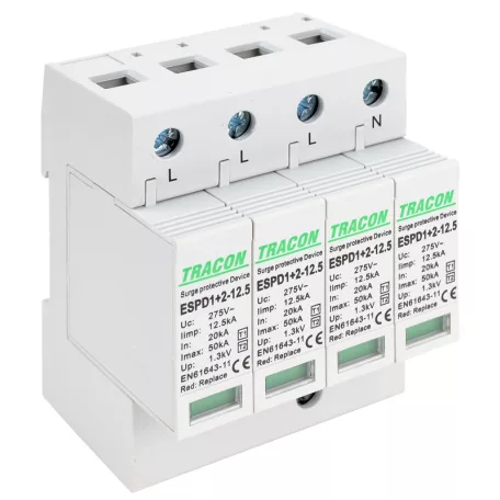Tracon Uc:275V; Iimp:12,5kA; In:20kA; Imax:50kA; Up:1,3kV; 4P ESPD1+2-12.5-4P T1+T2 AC típusú túlfeszültséglevezető, cserélhető betéttel 5997374222372