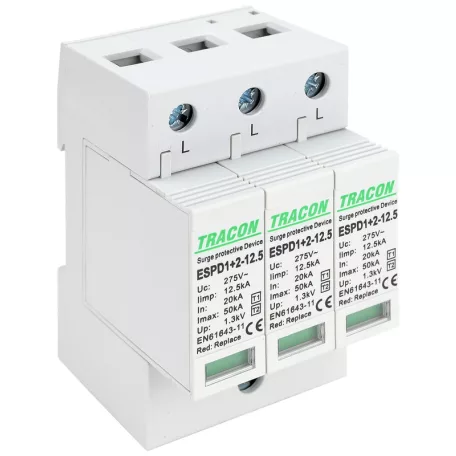 Tracon Uc:275V; Iimp:12,5kA; In:20kA; Imax:50kA; Up:1,3kV; 3P ESPD1+2-12.5-3P T1+T2 AC típusú túlfeszültséglevezető, cserélhető betéttel 5997374222365