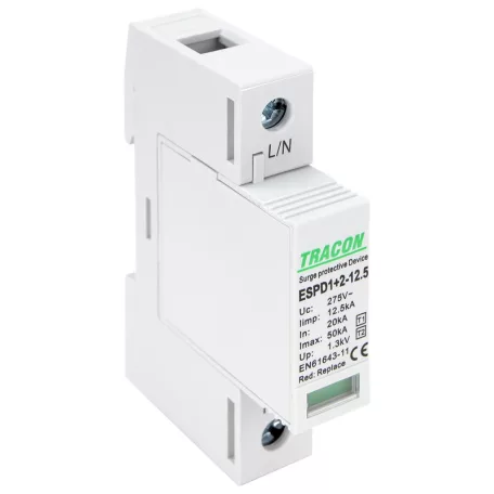 Tracon Uc:275V; Iimp:12,5kA; In:20kA; Imax:50kA; Up:1,3kV; 1P ESPD1+2-12.5-1P T1+T2 AC típusú túlfeszültséglevezető, cserélhető betéttel 5997374222334
