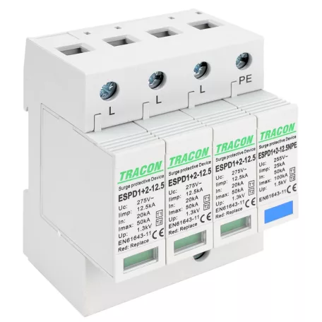Tracon Uc:275V; Iimp:12,5kA; In:20/40kA; Imax:50kA; Up:1,3kV; 3+1P ESPD1+2-12.5-3+1P T1+T2 AC típusú túlfeszültséglevezető, cserélhető betéttel 5997374222358