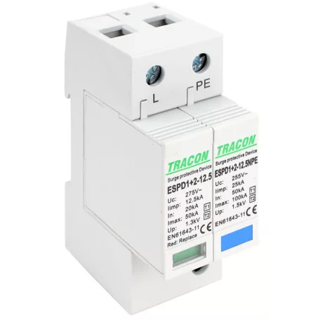 Tracon Uc:275V; Iimp:12,5kA; In:20/40kA; Imax:50kA; Up:1,3kV; 1+1P ESPD1+2-12.5-1+1P T1+T2 AC típusú túlfeszültséglevezető, cserélhető betéttel 5997374222327