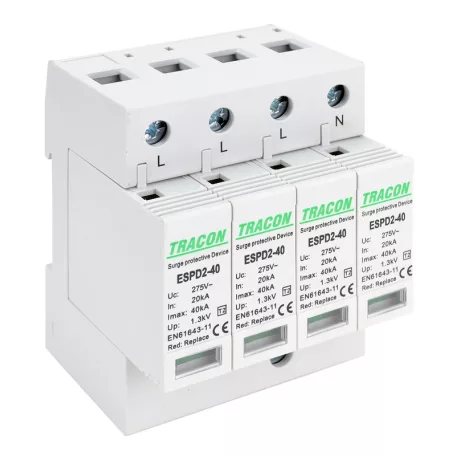 Tracon Uc:275V; In:20kA; Imax:40kA; Up:1,3kV; 4P ESPD2-40-4P T2 AC típusú túlfeszültség levezető, cserélhető betéttel 5997374222570
