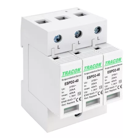 Tracon Uc:275V; In:20kA; Imax:40kA; Up:1,3kV; 3P ESPD2-40-3P T2 AC típusú túlfeszültség levezető, cserélhető betéttel 5997374222563