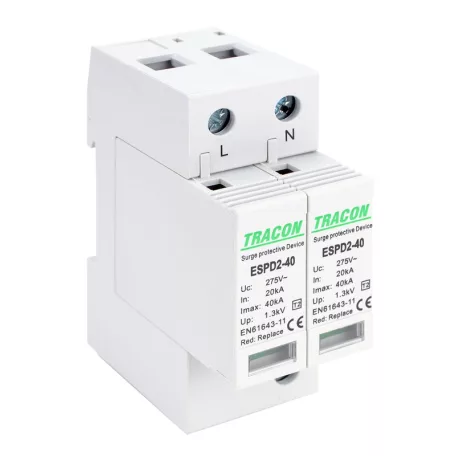 Tracon Uc:275V; In:20kA; Imax:40kA; Up:1,3kV; 2P ESPD2-40-2P T2 AC típusú túlfeszültség levezető, cserélhető betéttel 5997374222549