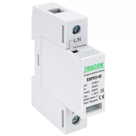 Tracon Uc:275V; In:20kA; Imax:40kA; Up:1,3kV; 1P ESPD2-40-1P T2 AC típusú túlfeszültség levezető, cserélhető betéttel 5997374222532