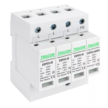 Tracon Uc:275/255V; In:20kA; Imax:40kA; Up:1,3/1,5kV; 3+1P ESPD2-40-3+1P T2 AC típusú túlfeszültség levezető, cserélhető betéttel 5997374222556