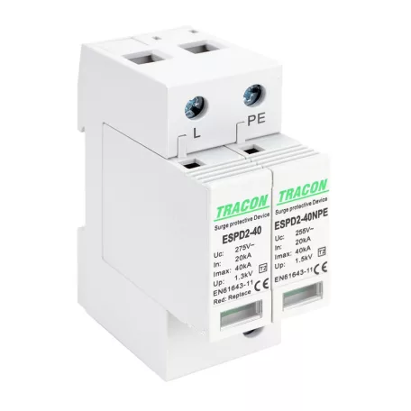 Tracon Uc:275/255V; In:20kA; Imax:40kA; Up:1,3/1,5kV; 1+1P ESPD2-40-1+1P T2 AC típusú túlfeszültség levezető, cserélhető betéttel 5997374222525