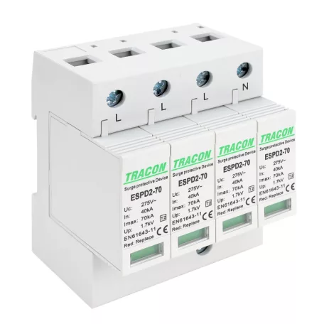Tracon Uc:275V; In:40kA; Imax:70kA; Up:1,7kV; 4P ESPD2-70-4P T2 AC típusú túlfeszültség levezető, cserélhető betéttel 5997374222655