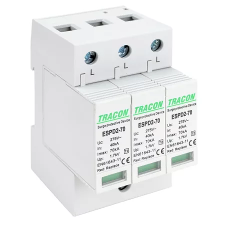 Tracon Uc:275V; In:40kA; Imax:70kA; Up:1,7kV; 3P ESPD2-70-3P T2 AC típusú túlfeszültség levezető, cserélhető betéttel 5997374222648