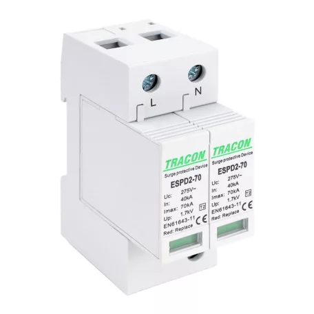 Tracon Uc:275V; In:40kA; Imax:70kA; Up:1,7kV; 2P ESPD2-70-2P T2 AC típusú túlfeszültség levezető, cserélhető betéttel 5997374222624