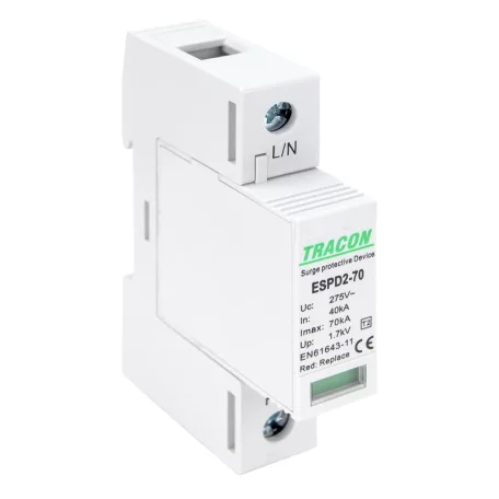 Tracon Uc:275V; In:40kA; Imax:70kA; Up:1,7kV; 1P ESPD2-70-1P T2 AC típusú túlfeszültség levezető, cserélhető betéttel 5997374222617
