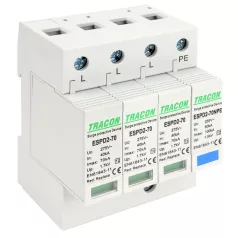   Tracon Uc:275/255V; In:40kA; Imax:70kA; Up:1,7/1,5kV; 3+1P ESPD2-70-3+1P T2 AC típusú túlfeszültség levezető, cserélhető betéttel 5997374222631