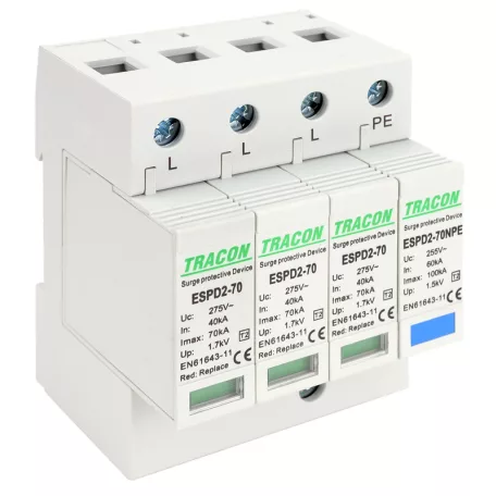 Tracon Uc:275/255V; In:40kA; Imax:70kA; Up:1,7/1,5kV; 3+1P ESPD2-70-3+1P T2 AC típusú túlfeszültség levezető, cserélhető betéttel 5997374222631