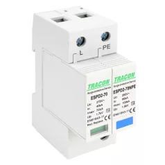  Tracon Uc:275/255V; In:40kA; Imax:70kA; Up:1,7/1,5kV; 1+1P ESPD2-70-1+1P T2 AC típusú túlfeszültség levezető, cserélhető betéttel 5997374222600