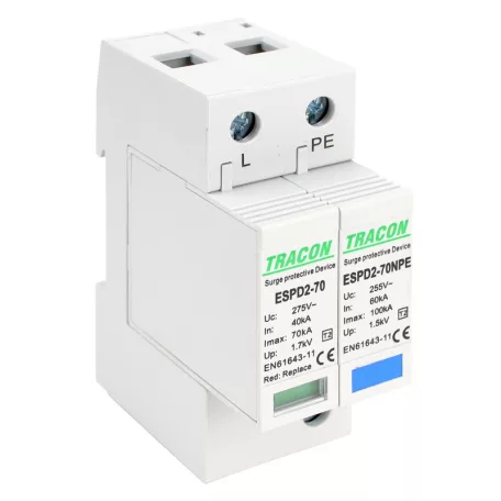 Tracon Uc:275/255V; In:40kA; Imax:70kA; Up:1,7/1,5kV; 1+1P ESPD2-70-1+1P T2 AC típusú túlfeszültség levezető, cserélhető betéttel 5997374222600
