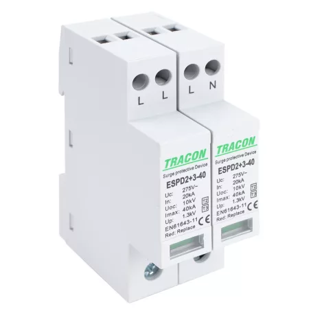Tracon Uc:275V; In:20kA; Imax40kA; Uoc:10kV; Up:1,3kV; 4P ESPD2+3-40-4P T2+T3 AC típusú túlfeszültséglevezető, egybeépített 5997374222518
