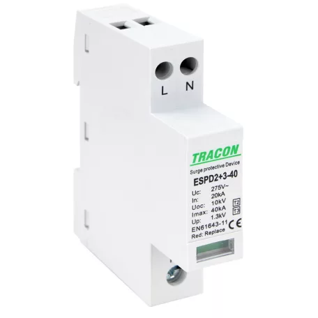 Tracon Uc:275V; In:20kA; Imax40kA; Uoc:10kV; Up:1,3kV; 2P ESPD2+3-40-2P T2+T3 AC típusú túlfeszültséglevezető, egybeépített 5997374222495