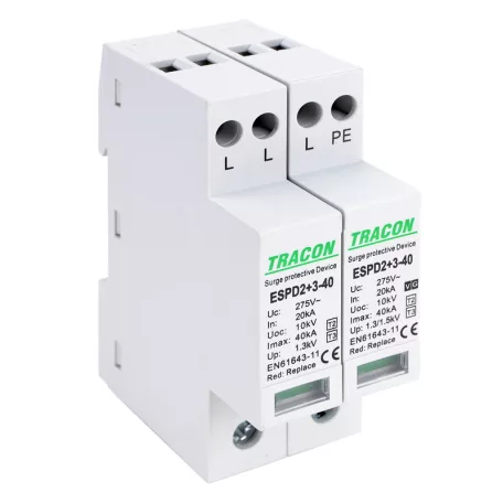 Tracon Uc:275V; In:20kA; Imax40kA; Uoc:10kV; Up:1,3/1,5kV; 3+1P ESPD2+3-40-3+1P T2+T3 AC típusú túlfeszültséglevezető, egybeépített 5997374222501