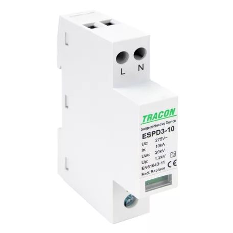 Tracon Uc:275V; In:10kA; Uoc:20kV; Up:1,2kV; 2P ESPD3-10-2P T3 AC típusú túlfeszültség levezető, egybeépített 5997374222754