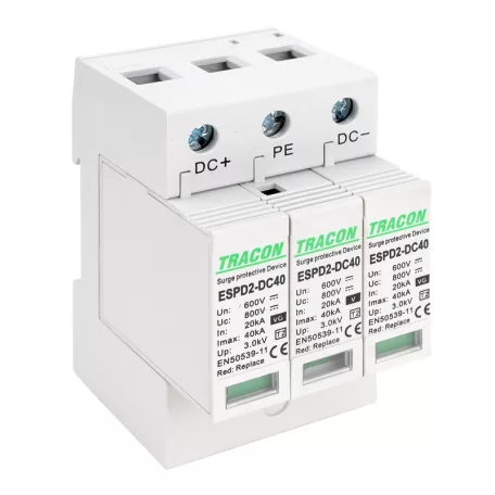 Tracon Ucpv: 800V; In:20kA; Imax:40kA; Up:2,6kV ESPD2-DC40-600 T2 DC típusú túlfeszültség levezető, cserélhető betéttel 5997374222716